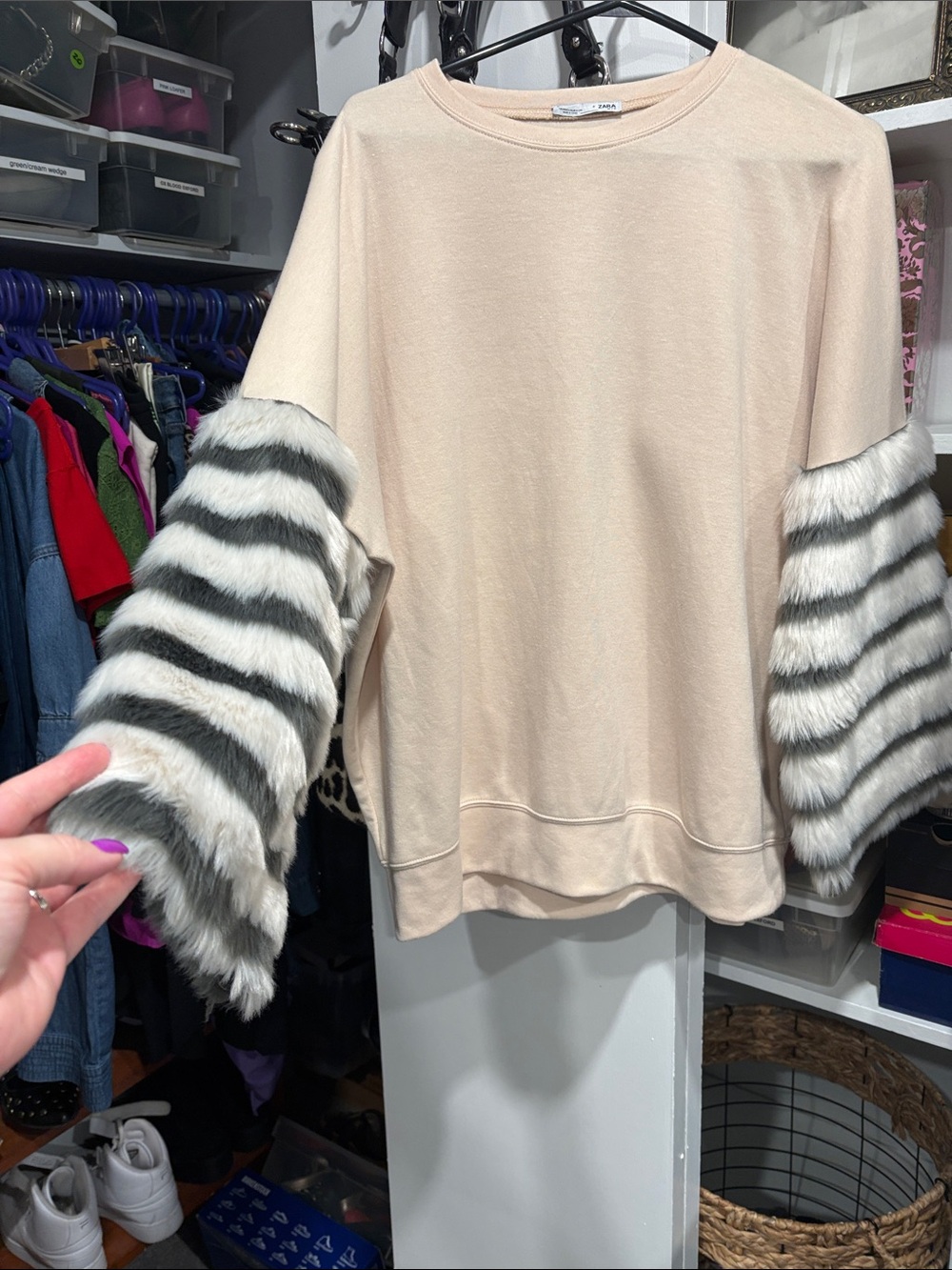 ZARA Women's Sweater with Striped Faux-Fur Sleeves